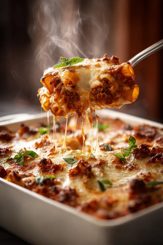 Browned bubbling mozzarella crust on baked ziti with a cheese pull 