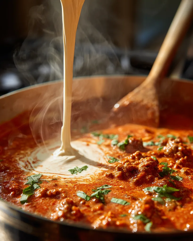 Heavy cream being swirled into tomato and sausage sauce turning it orange